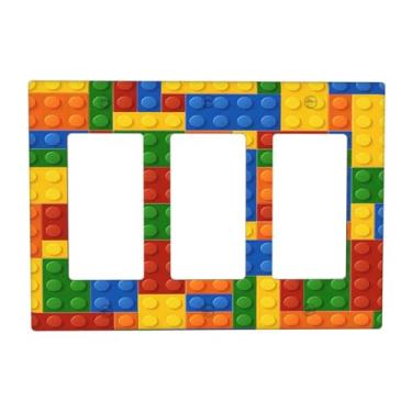 Imagem de DWBGUO Capas de tomada decorativas com blocos de construção coloridos multicoloridos, design de quebra-cabeça, placa de parede de 3 gangues, capa de interruptor de luz tripla para interruptor de luz