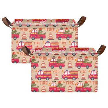 Imagem de Caixas organizadoras dobráveis para armazenamento de suéteres para armário, cestas de armazenamento para prateleiras para organização e armazenamento de quarto, 17 x 29 x 26 cm, caminhões de bombeiros