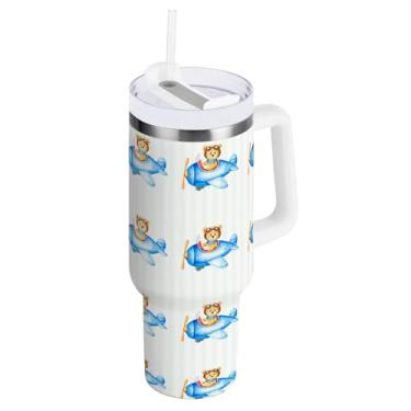 Imagem de ODAWA Copo isolado de parede dupla de 1,134 g, copo a vácuo Bear Pilot Blue Airplane isolado com tampa e canudo