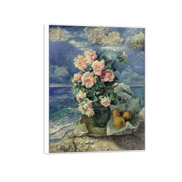 Imagem de BMZFYBS David Burliuk Famosas impressões em tela de arte de parede prontas para pendurar. Flores por mar 2. Pintura com moldura branca para decoração de sala de estar 50 x 65 cm 20 x 26 pol