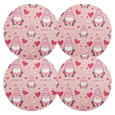 Imagem de Jogo americano de círculo vermelho Valentine Gnomos, conjunto de 4 tapetes de PVC redondos de 38 cm para uso ao ar livre para mesa de pátio, tapetes de mesa laváveis para festa de Natal