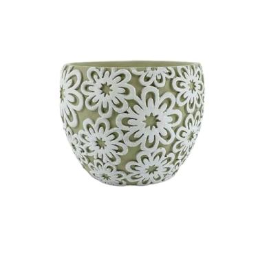 Imagem de hezhuhe2258 Vaso de flores de cimento redondo macetas para plantas, vaso de flores em relevo com fundo verde e flores brancas, com orifício de drenagem, para varanda, jardim, escritório, casa de