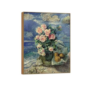 Imagem de BMZFYBS David Burliuk Famosas impressões em tela de arte de parede prontas para pendurar. Flores por mar 2. Pintura de moldura de madeira para decoração de sala de estar 50 x 65 cm 20 x 26 polegadas