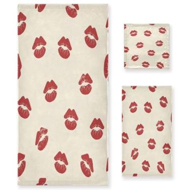 Imagem de Wassud Conjunto de 3 toalhas de banho com lábios vermelhos para dia dos namorados, toalhas supermacias e absorventes para banheiro, toalhas de banho de secagem rápida, toalha de banho para academia