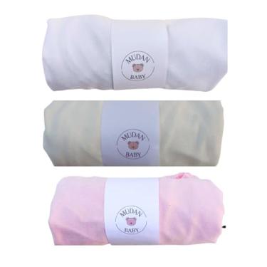 Imagem de Kit 3 Lençóis Avulsos com Elástico para Berço Americano, Malha 100% Algodão, Hipoalergênico, 160x98x12cm (Branco/Palha/Rosa)