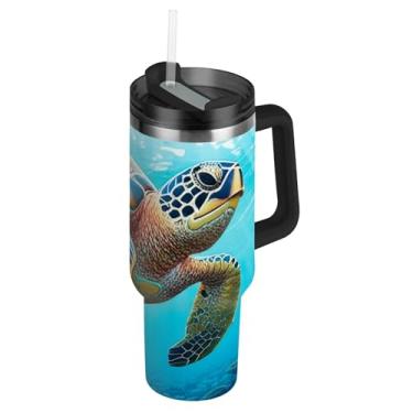 Imagem de Copo de 1,134 g com alça copos de aço inoxidável com tampas e canudo garrafa de água rosa garrafa de água isolada para copo de carro, oceano, tartaruga, corais, azul