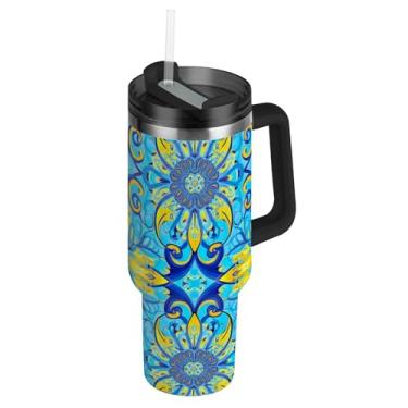 Imagem de Copos com tampa e canudos tradicional floral azul amarelo 850 g copo com alça à prova de vazamento garrafa de água isolada aço inoxidável caneca de café quente para carro