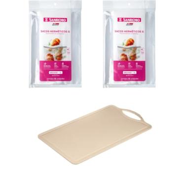 Imagem de Conjunto de 1 Tábua Bege Plástica de Corte para Alimentos + 2 Saco Hermetico Transparente 3 Litros