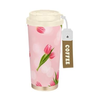 Imagem de TSENQUE Copo para caneca de café de viagem de 473 ml, copo de café de viagem com revestimento cerâmico com canudo e tampa, copo isolado a vácuo de aço inoxidável, tulipas rosa verde pastel floral