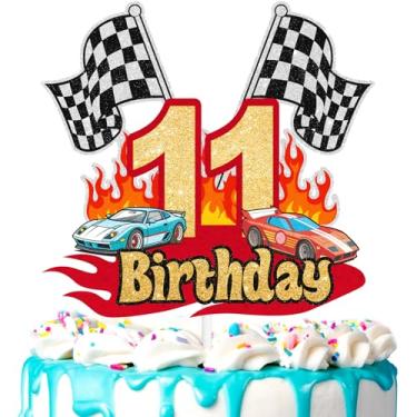 Imagem de Topo de bolo de carro de corrida infantil 11º tema de corrida feliz aniversário bandeira quadriculada decorações de estrada meninos e meninas piloto festa de aniversário carro temático roda de festa