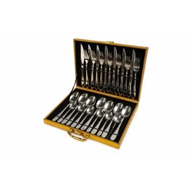 Imagem de Faqueiro 24 Peças em Aço Inox com Maleta Dourada · Acabamento Espelhado · Talheres de Mesa e Sobremesa · Estojo MDF Premium