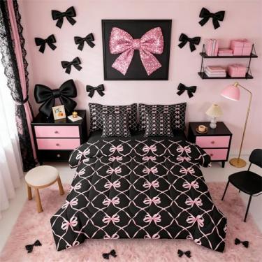 Imagem de Erosebridal Conjunto de cama casal com laço preto e rosa, 7 peças, conjunto de edredom com laço de borboleta e nó de borboleta em uma bolsa, conjunto de cama estética, kawaii, geométrico, edredom