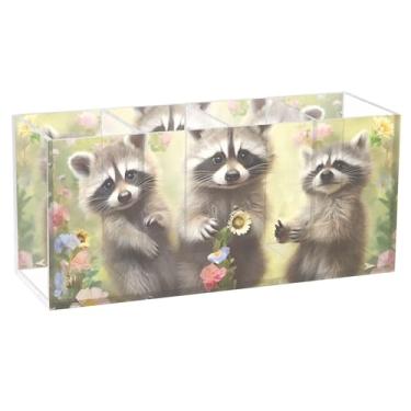 Imagem de TSENQUE Porta-canetas de mesa divertido, personalizado, fofo, guaxinins, flores, arte, caddie, acrílico, lápis, pincel de maquiagem