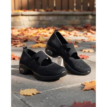 Imagem de Mary Jane Tênis feminino de malha atlética para caminhada para uso diário casual, Preto, 35