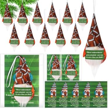 Imagem de Roowest 20 conjuntos de bonecos de gnomos de futebol americano, enfeites de Natal, presentes de árvore de Natal, pingente de pelúcia de rúgbi com cartões inspiradores para lembrancinhas de festas de