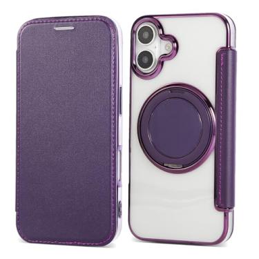 Imagem de Capa carteira para iPhone 16 Plus com 3 compartimentos para cartão, bloqueio RFID, suporte de anel giratório de 360° e compatibilidade magnética, capa traseira transparente à prova de choque, suporta