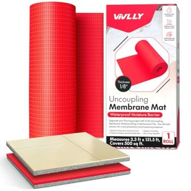 Imagem de Vivlly Membrana de Desacoplamento de 1/8” para Ladrilhos, Pedras, Concreto, Paredes de Chuveiro, Pisos de Banheiro, Tapete de Base de Piso À Prova D'Água, Isolamento de Rachaduras (500 Pés Quadrados -