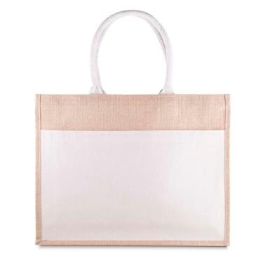 Imagem de Sacola em Juta com Bolso Frontal em Algodão Cru, Alças Resistentes, Interior Revestido em PP, Base Plana, Bege Natural e Branco, 35,5x45x11cm