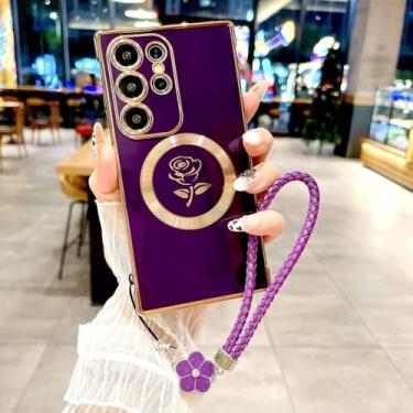 Imagem de Capa de TPU macio com revestimento rosa para Samsung Galaxy S25 S24 S23 S22 S21 Ultra Plus S24 23 Charge Covers com pulseira, roxo escuro, para S22 Plus