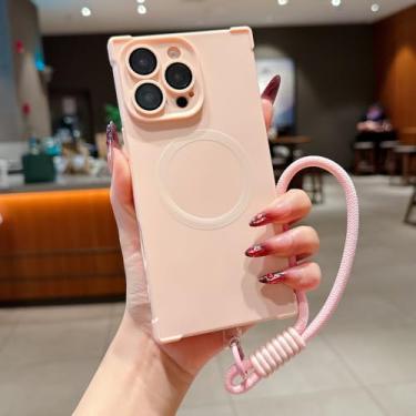 Imagem de Capa quadrada de silicone macio fosco à prova de choque para iPhone 16, 15, 14 Plus, 13 Pro Max, com cordão magnético para carregamento sem fio, rosa, para iPhone 13 Pro