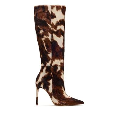 Imagem de DOEYG Botas de cano alto femininas com estampa animal vaca marrom bico fino salto agulha elegante moda bota alta com zíper lateral, Estampa de vaca, 37