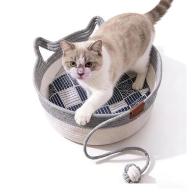 Imagem de 2 peças de cesta instinto para gatos, corda de algodão tecida à mão, cama de gato dobrável respirável com design de orelha de gato, bola de brincar fácil de limpar para gatinhos (A G)