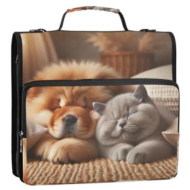 Imagem de Chow Chow Dog Cute Cat Puppy 3 cm 3 argolas organizador de fichário resistente com zíper bolsa escolar com alça de ombro portfólio de tecido comporta 500 folhas