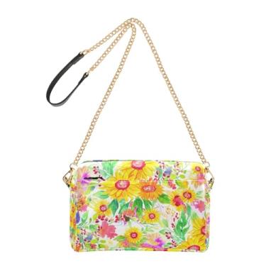 Imagem de Joitme Bolsa feminina transversal para celular linda floral girassóis folhas de couro PU bolsa de ombro com alça de corrente