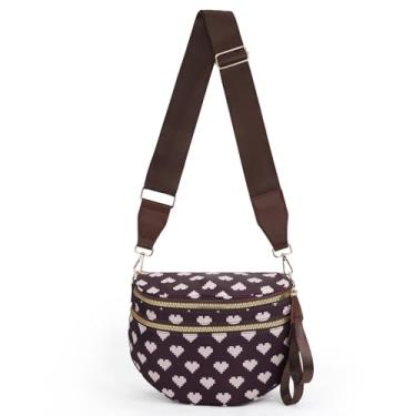 Imagem de Bolsas transversais para mulheres, pochete espaçosa de nylon, pochete quadriculada grande crescente, Estampa de coração - Café