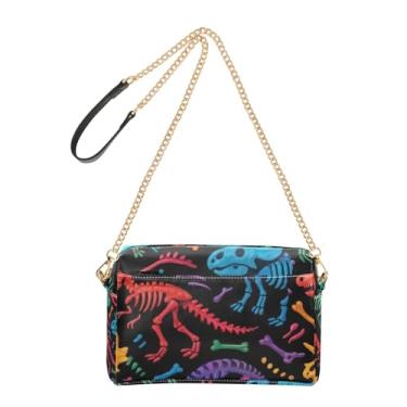 Imagem de Joitme Bolsa tiracolo feminina com esqueletos coloridos de dinossauros pretos para celular bolsa de ombro de couro PU com alça de corrente