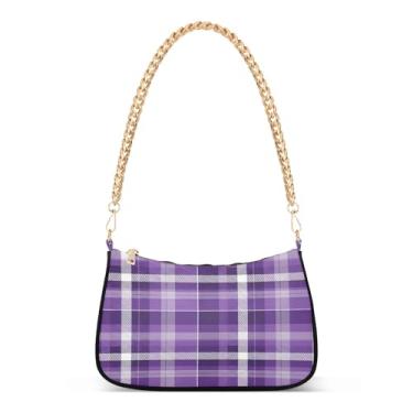 Imagem de Bolsa de ombro de corrente xadrez roxa lavanda tartan, bolsa feminina Hobo, bolsa média moderna para uso diário ou noite