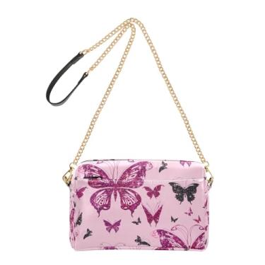 Imagem de Joitme Bolsa feminina rosa preta com estampa de borboletas, bolsa tiracolo de couro PU com alça de corrente, bolsa para celular fofa