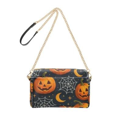 Imagem de Joitme Bolsa feminina tiracolo bolsa para celular bolsa de ombro de couro PU alça de corrente lindas abóboras Halloween preta