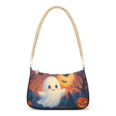 Imagem de Linda bolsa de ombro com corrente branca fantasma de desenho animado de Halloween, bolsa feminina Hobo com grande capacidade e zíper suave