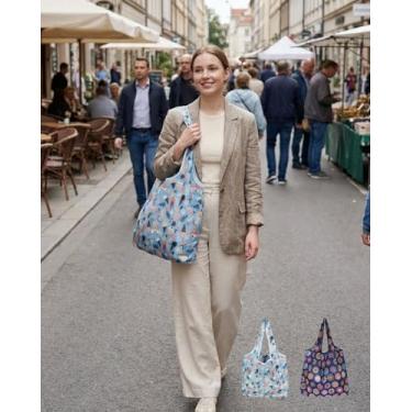 Imagem de 2 sacolas de compras grandes reutilizáveis, laváveis na máquina. Podem ser dobradas e colocadas nos bolsos., Sorvete azul e estampa floral azul marinho, 2pcs