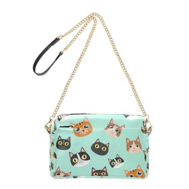 Imagem de Joitme Bolsa tiracolo feminina bolsa para celular bolsa de ombro de couro PU alça de corrente colorida gato fofo turquesa desenho animado