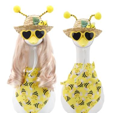 Imagem de ZYIDBNG Perucas de ganso para alpendre, inseto de abelha, 2 estilos, roupas de primavera com conjunto de perucas loiras longas com chapéu de palha de abelha fofo bandana para decoração ao ar livre