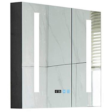 Imagem de Armário de espelho de banheiro iluminado, espelho de banheiro de LED com luzes película de desembaçamento com interruptor de toque, grande espaço de armazenamento, para cozinha, banheiro, quarto. (com