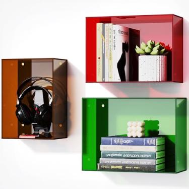 Imagem de Dewrhiixe Prateleiras flutuantes de acrílico para parede, prateleira de cubo montada na parede para quarto, sala de estar, banheiro, prateleira suspensa para armazenamento (colorida, conjunto de 3