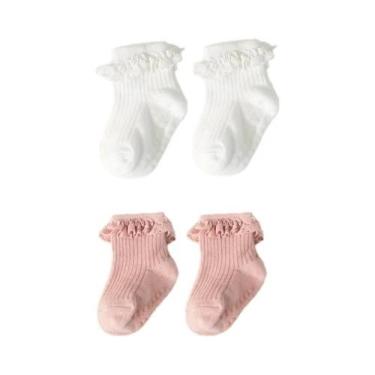 Imagem de Meias De Bebê Antiderrapantes Com Renda Para Meninas 0-6 Meses 2 Pares