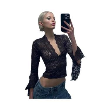 Imagem de Camiseta Bodycon De Manga Longa Em Renda Preta Transparente Para Mulhe