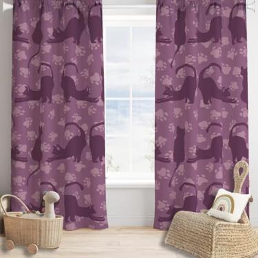 Imagem de JADERYS Cortinas blackout rústicas vintage de gato fofo roxo desenho animado animal engraçado impressão de pata para crianças, meninas, meninos, sala de estar, cozinha, bolso para varão, decoração de