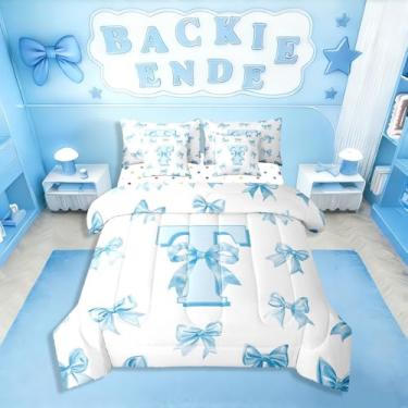 Imagem de Erosebridal Conjunto de edredom completo com inicial T personalizado para meninas, lindo conjunto de cama com laço azul, 7 peças, para crianças, adolescentes, estilo princesa, kawaii, conjunto de cama