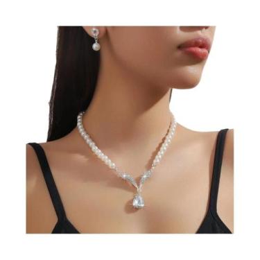 Imagem de Conjunto De Joias Femininas Com Colar E Brincos De Pérolas Em Forma De