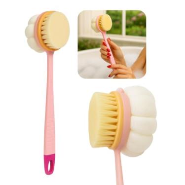 Imagem de Kit Escova E Bucha De Banho Grande Dupla Face com Cabo Longo Anatômico Cerdas Esponja Macias Esfregão Massageador Corpo Corporal Esfoliante Limpeza Profunda Lavar Costas Nylon Plástico Pendurador (RosaSuave)