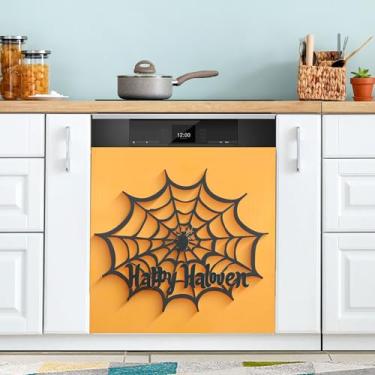 Imagem de xigua Capa magnética de teia de aranha de Halloween, adesivos magnéticos decorativos antiarranhões para painel de geladeira e lava-louças, decoração personalizada de cozinha doméstica 58 x 66 cm