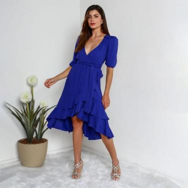 Imagem de Vestido susie transpassado babados feminino  - Susie Modas, Azul, G, 1