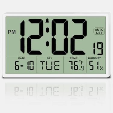 Imagem de Relógio de parede digital com biséis estreitos de 23 cm operado por bateria com temperatura e umidade – horário de verão automático, 5 dígitos, alarme de volume de 5 níveis (3 AA incluídos) - Suporte