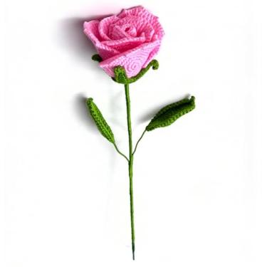 Imagem de LTGICH Flores de rosas de crochê, flores artificiais, acabamento feito à mão, rosa tricotada com folha e haste longa para decoração de centros de casa, dia dos namorados, aniversário de casamento