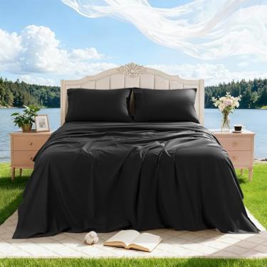 Imagem de REDASW Jogo de lençol 100% algodão egípcio, 4 peças, tamanho casal, 1000 fios, respirável, macio, lençol com elástico com bolso profundo de 40,6 cm (casal, preto)
